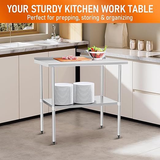 HOCCOT Stainless Steel Table 30" x 36" with Adjustable Undershelf and Backsplash, Commercial Metal Workstations for Kitchen, Garage, Outdoor BBQ