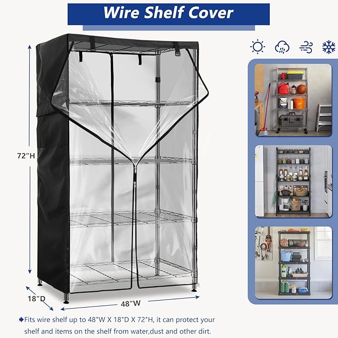 Wire Shelf Cover,600D Heavy Duty 100% Waterproof Shelf Covers for Wire Shelving,Outdoor Storage Shelves Cover for Metal Rack,48" W x 18" D x 72" H,Black with Clear Front