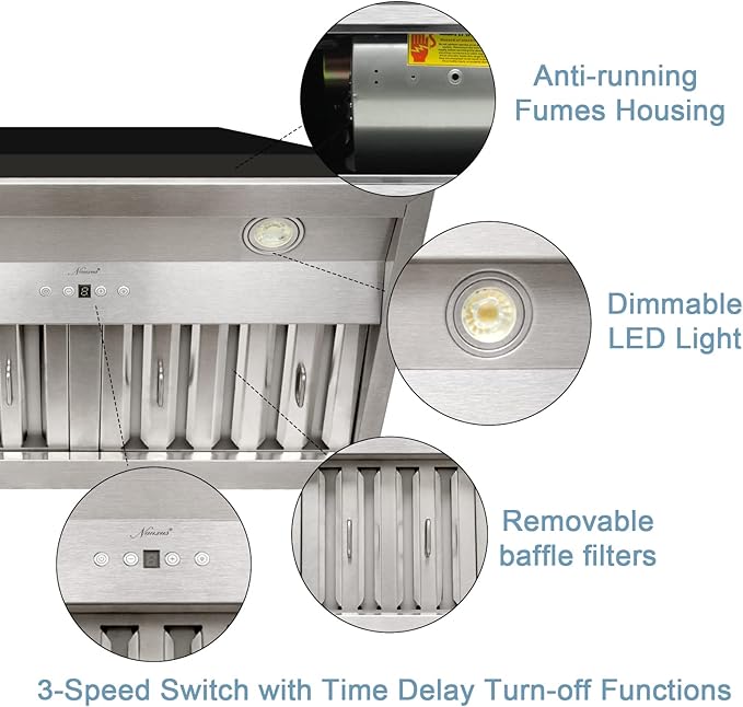 Akicon Range Hood Insert 36 Inch, Ultra Quiet, Powerful Suction Built-in Kitchen Vent Hood, Stainless Steel Ducted Stove Hood with Dimmable LED Lights Warm White, 3-Speeds 600CFM