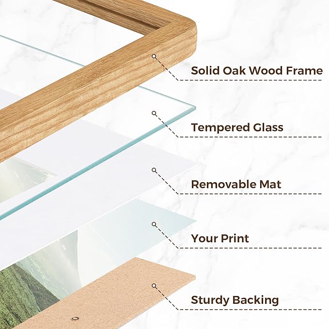 8x10 Picture Frame, Rustic 8 by 10 Photo Frame for Wall & Tabletop Display - Solid Oak Wood & Tempered Glass, 8x10 Picture Frame Matted to 5x7, Wood Collage Frames for Home, Natural Oak Color, 3 Pack