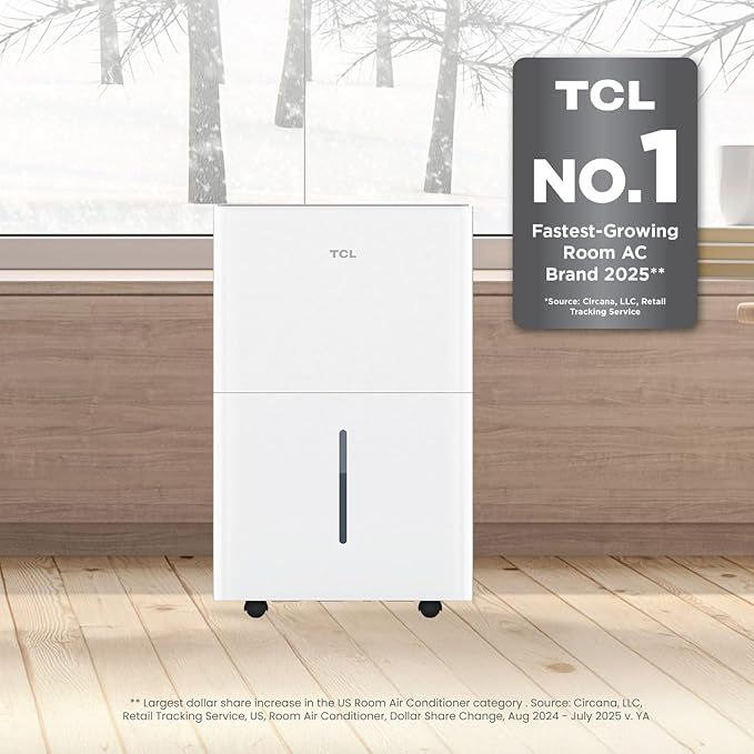 TCL 4500 Sq. Ft. Smart Dehumidifier with Pump, Energy Star, 50 Pints Per Day, Ideal for Whole House, Including Basements, Bedrooms, & Bathrooms, Works with Alexa/Google Assistant