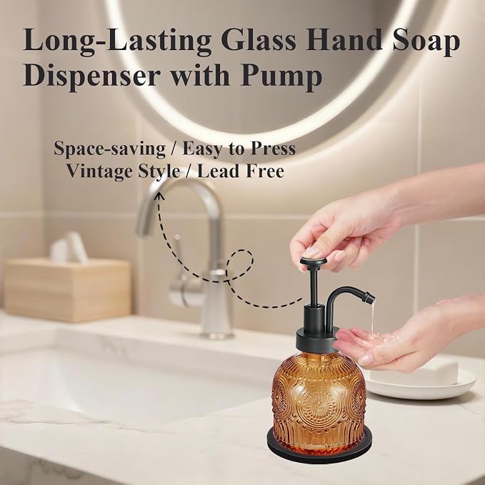 Amolliar 8 Oz Glass Vintage Soap Dispenser w/Plastic Pump, - Image 4