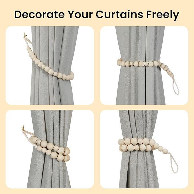 KLOGTSIND Wood Bead Curtain Tiebacks, 2 Pack Curtain Tie Backs - Image 4