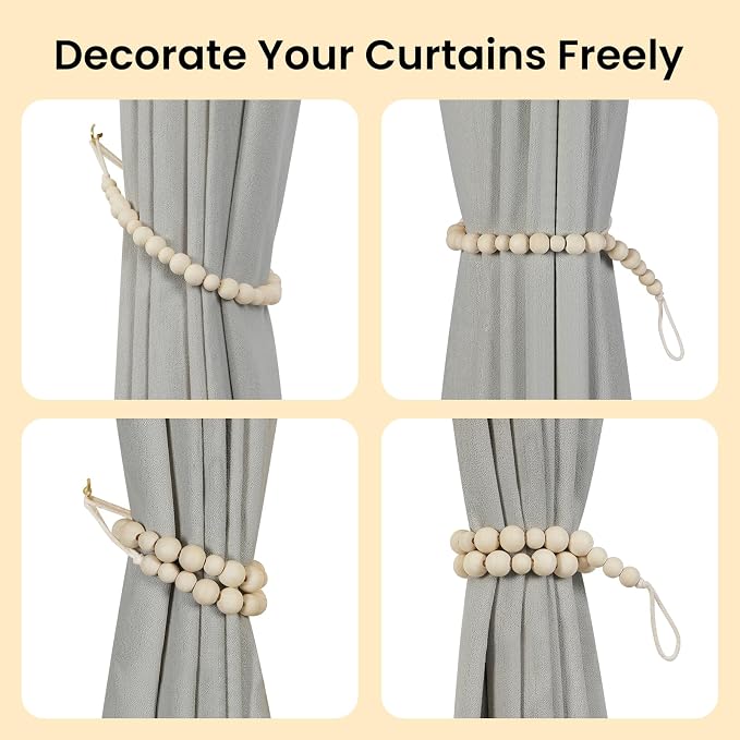 KLOGTSIND Wood Bead Curtain Tiebacks, 4 Pack Curtain Tie Backs - Image 4