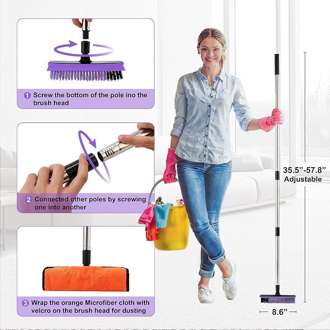 Grout Cleaner Brush with Long Handle, V-Shaped Floor Scrub Brush Swivel Grout - Image 4