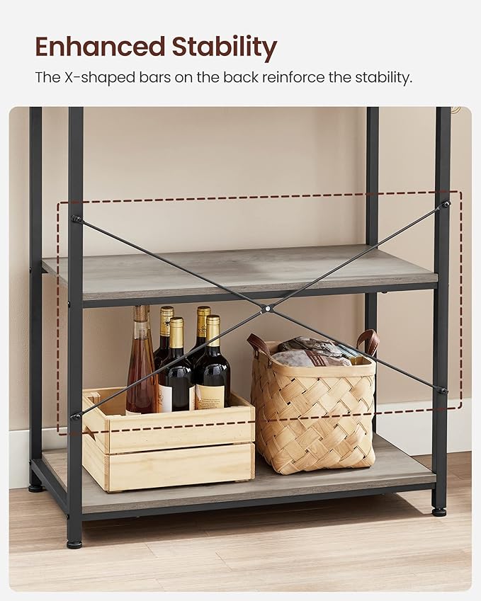 VASAGLE Coffee Bar, 31.5 Inches Baker's Rack for Kitchen with Storage, 6-Tier Kitchen Shelves with 6 Hooks, Microwave Stand, Industrial, Heather Greige and Ink Black UKKS019B02