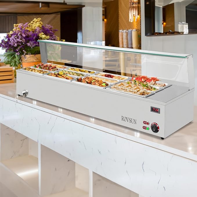 ROVSUN 96QT 1500W Electric Commercial Food Warmer, 12-Pan Steam Table 8QT/Pan Stainless Steel Bain Marie Countertop w/Glass Shield Temperature Control & Lid for Buffet Restaurant 110V