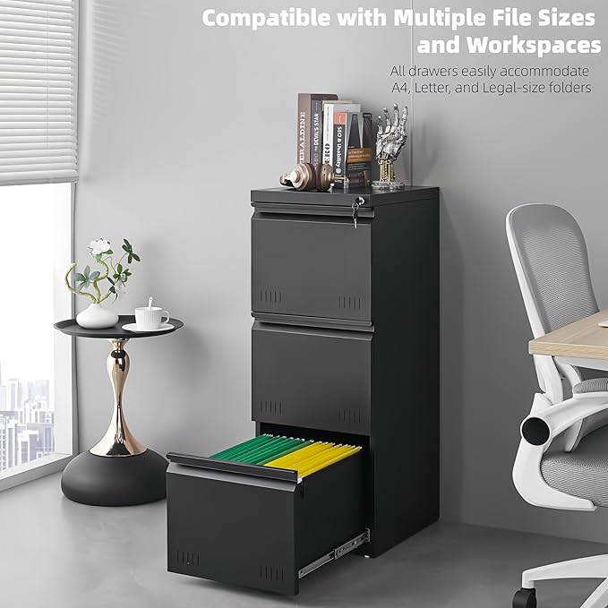 Vertical 3 Drawer File Cabient with Lock, Metal Filing Cabinets for Home Office, Heavty Duty Office Storage Cabinet for A4/Letter/Legal (Matte Black)