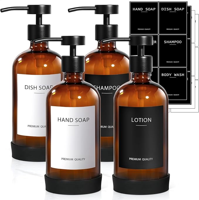 RYTOXILO Amber Glass Soap Dispenser 4 Pack, Hand Soap Dispenser Bathroom by RYTOXILOBrightenUpYourHome