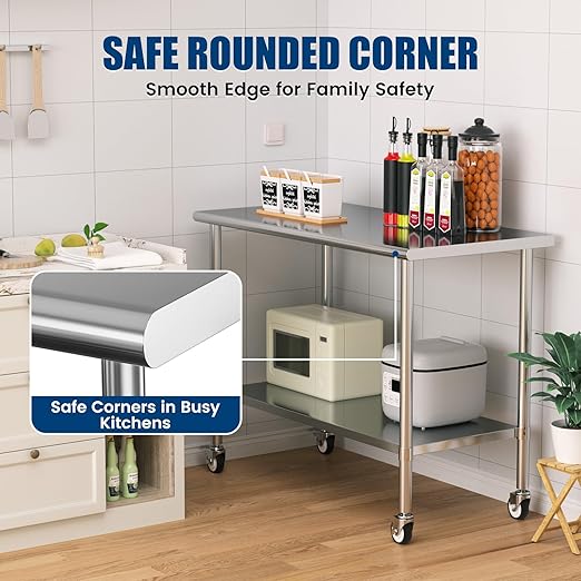 Stainless Steel Work Table with Wheels, 24x60 Inch NSF Kitchen Prep Table with Adjustable Undershelf for Commercial Restaurant, Garage, Outdoor BBQ