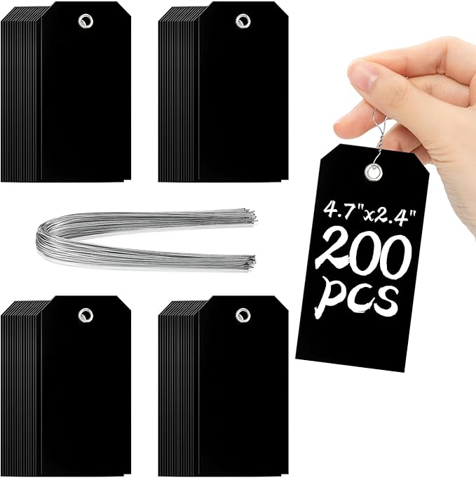 200 Pieces 4 3/4" x 2 3/8" Black Hang Tags with String Attached Heavy Duty Tags with Wires Shipping Label Tags Inventory Tags Garage Sale Tags for Retail Storage Gift Equipment Garage Parts(Black)
