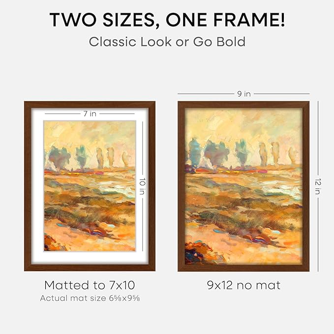 Homeforia 9x12 Picture Frame Brown, High End Dark Oak 9 x 12 Walnut Wooden Frames with Mat 7 by 10 Photo, 12x9 Wood Frame Matted to 7x10 Art, Wall or Tabletop Frame, Tempered Glass, Wall Kit, Set of 3