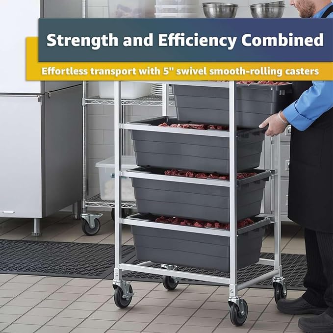 19"x26"x53" Mobile Aluminum Lug Rack with 4 Green Tote Boxes – NSF Heavy-Duty Commercial Storage Cart with 5" Swivel Casters, Portable Food Prep & Dishroom Utility Rack – Freezer Safe, 4 Lug Capacity