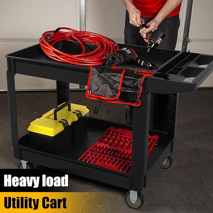 46 x 26-Inch Heavy Duty Utility Cart with Wheels, 1000 lbs Capacity Plastic Rolling Tool Carts W/Deep 2-Shelf, Mechanic Work Cart for Garage, Warehouse, Workshop, Black