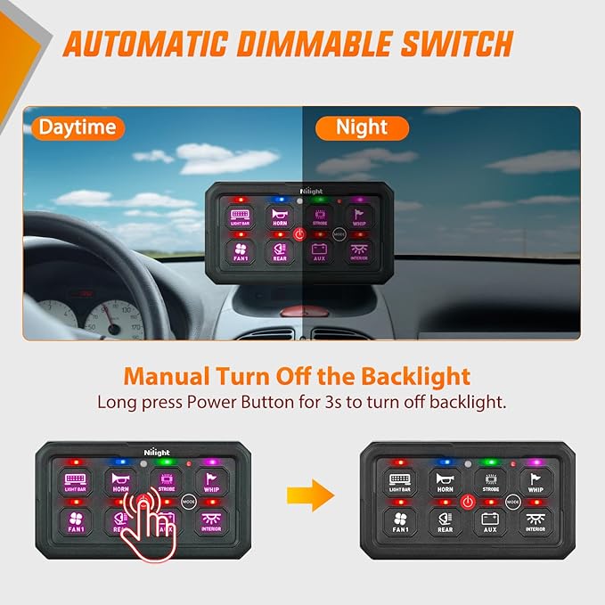 Nilight 8 Gang Switch Panel Circuit Control Relay System APP RGB Backlight Fuse Wiring Harness Toggle Momentary Strobe Flash Modes Automatic Dimmable 12V 24V for Car Truck Camper SUV