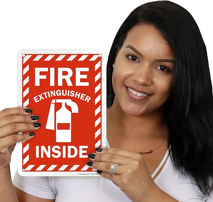 SmartSign 10 x 7 inch “Fire Extinguisher Inside” Metal Sign with Pre-cleared Holes, 40 mil Laminated Rustproof Aluminum, Red and white, Made in USA