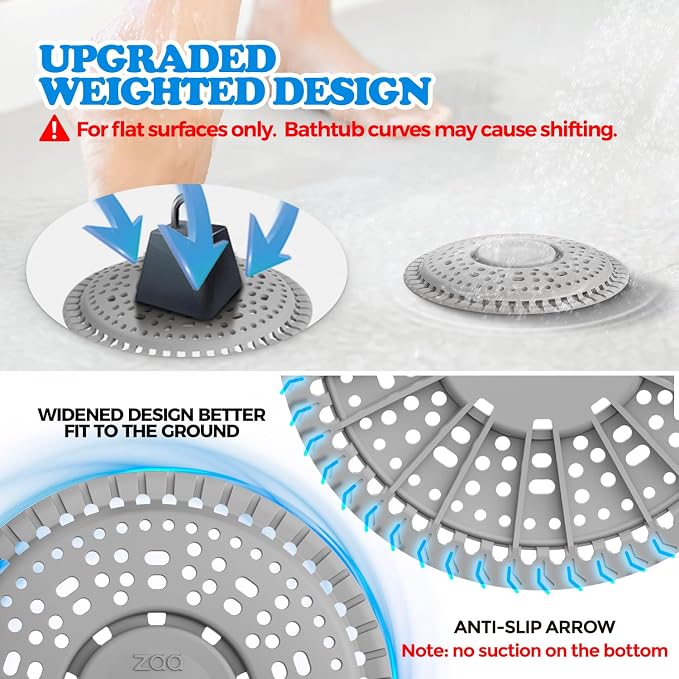 Shower Drain Hair Catcher Silicone Flat Floor Strainer Protector | 2 Pack Gray - Image 2