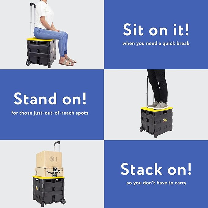 dbest products Quik Cart Collapsible Rolling Crate on Wheels for Teachers Tote Basket 80 lbs Capacity, Made from Heavy Duty Plastic and Used as a Seat, Canary, Yellow