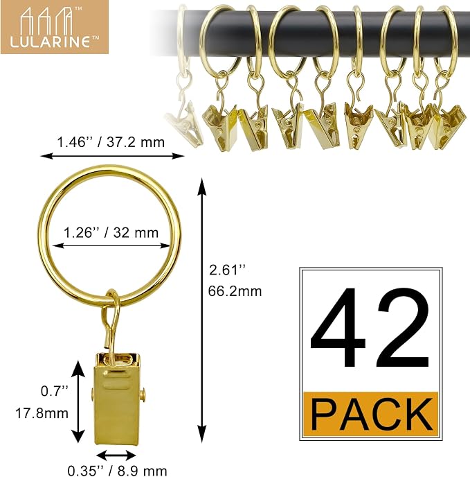 42 Pack Curtain Rings with Clips 1.26" Interior Diameter, Metal Drapery Ring - Image 2
