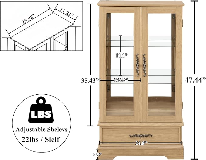47" H Lighted Curio Cabinet Display Case, Glass Cabinets with Adjustable Shelves,Tempered Glass Door and Drawer, Wooden Curio Cabinet with Mirrored Back Pane for Living Room (Light Oak)