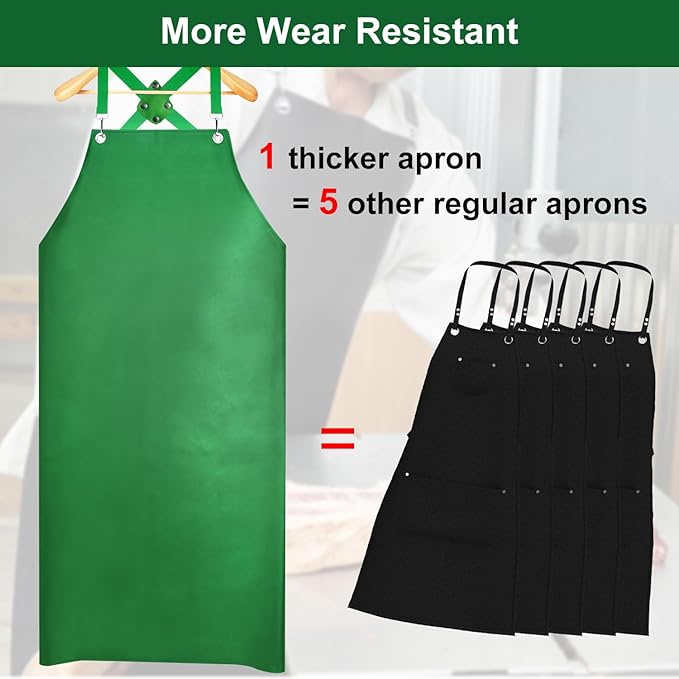 Waterproof Rubber Apron, 43" Anti-Tear Heavy Duty Vinyl Adjustable Thicker Cross Back Dishwasher Apron for Restaurant Dishwashing, Butcher, Lab Work, Dog Grooming Green