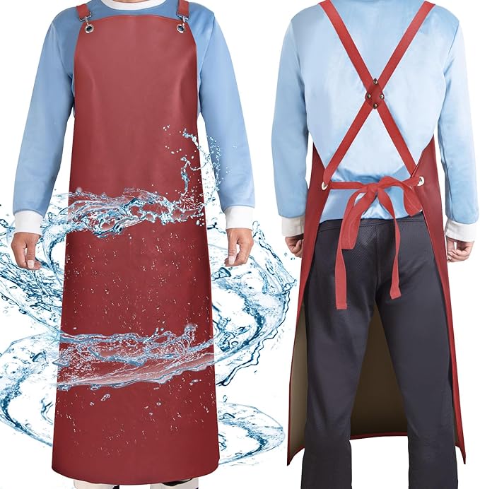 Waterproof Rubber Aprons for Women, Heavy Duty Vinyl Dishwasher Apron Adjustable Cross Back Strap for Dishwasher, Butcher, Dog Grooming, Chemical Resistant, 43" Long Thicker Apron Red