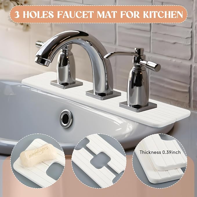 Teenyyou 3 Square Hole White Faucet Mat Kitchen Sink 16.14" x 4.49" | Bathroom - Image 4