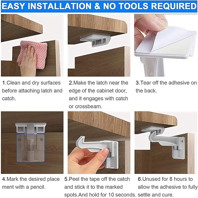4 Pack Upgraded Invisible Baby Proofing Cabinet Latch Locks - No Drilling or Tools Required, Children Proof Cupboard Drawers Latches, Works with Most Cabinets and Drawers - Adhesive Easy Installation