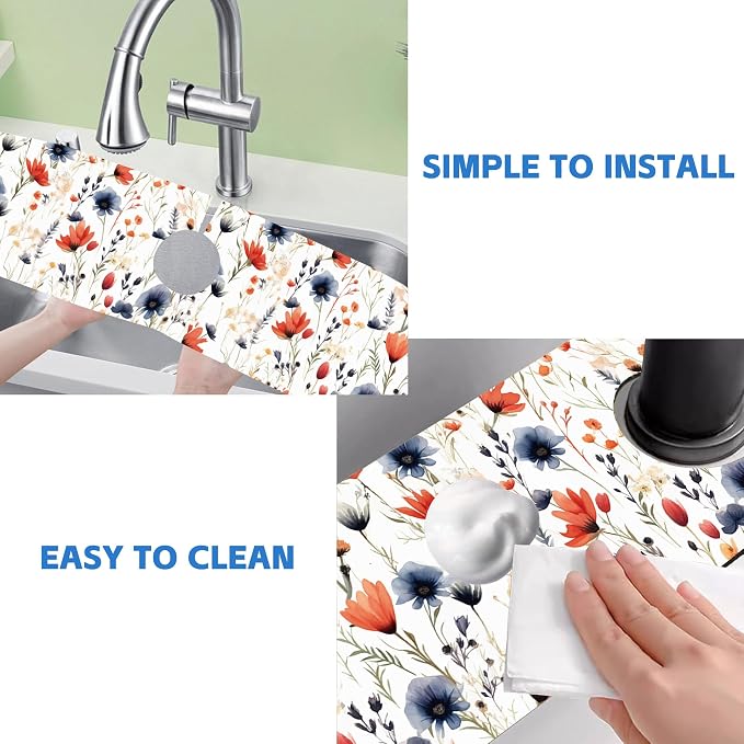 Watercolor Red and Blue Flowers Sink Faucet Absorbing Mat Sink Splash Guard - Image 5