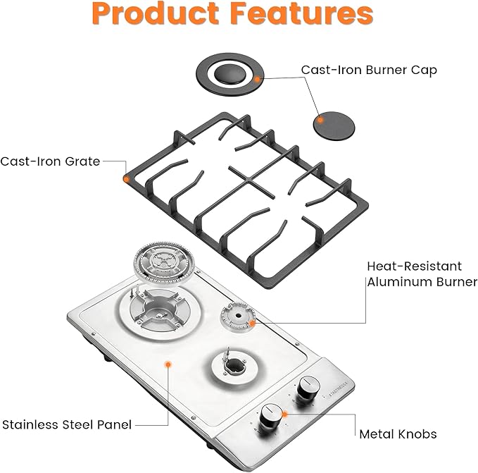 12 Inch Gas Cooktop, Stove Top, Stainless Steel Bulit-in Kitchen Stove, NG/LPG Convertible Gas Stovetop with Thermocouple Protection