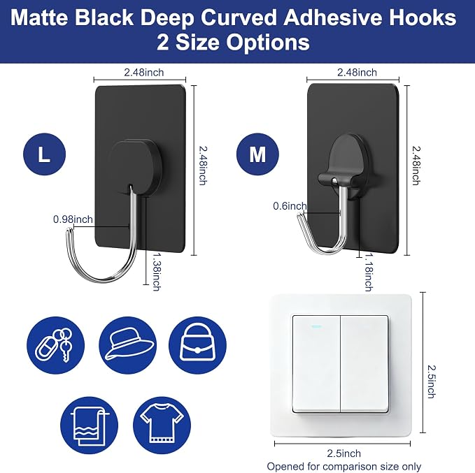 Adhesive Wall Hooks No Drill Black Heavy Duty, 13LB Sticky 12 Pack | Waterproof - Image 3