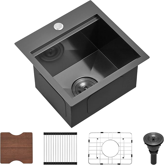 Scamall 15x15x9 Drop In Kitchen Sink Workstation, Nano Black 304 Stainless Steel Deep Single Bowl with Quick Drainage & Tarnish-Free Surface for Bar, Laundry, RV, Includes Accessories
