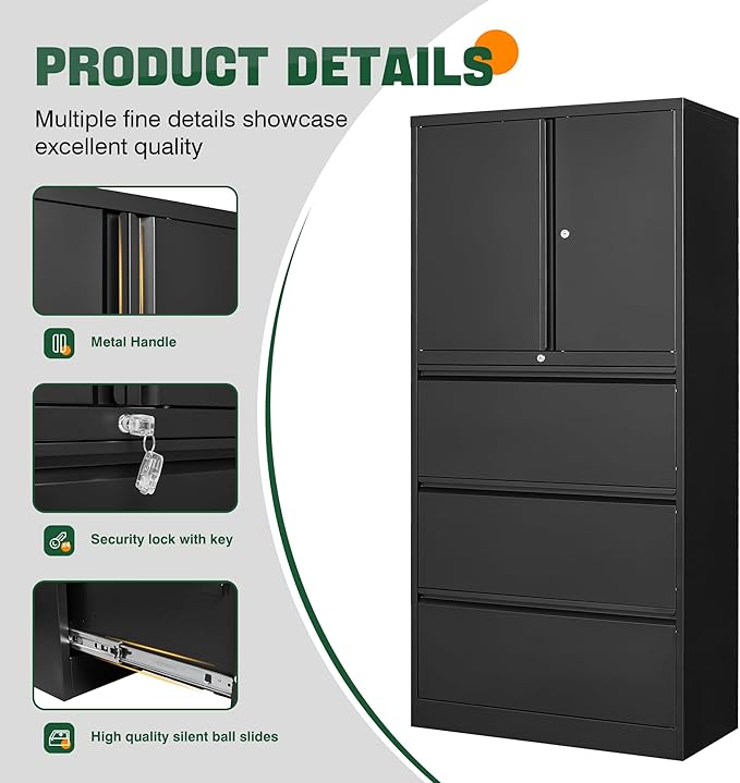 Letaya 3 Drawer Metal Storage Cabinets for Home Office,File Cabinet with Lock and 2 Adjust Shelves-Hang Filing Legal/Letter/A4/F4 Size（Black
