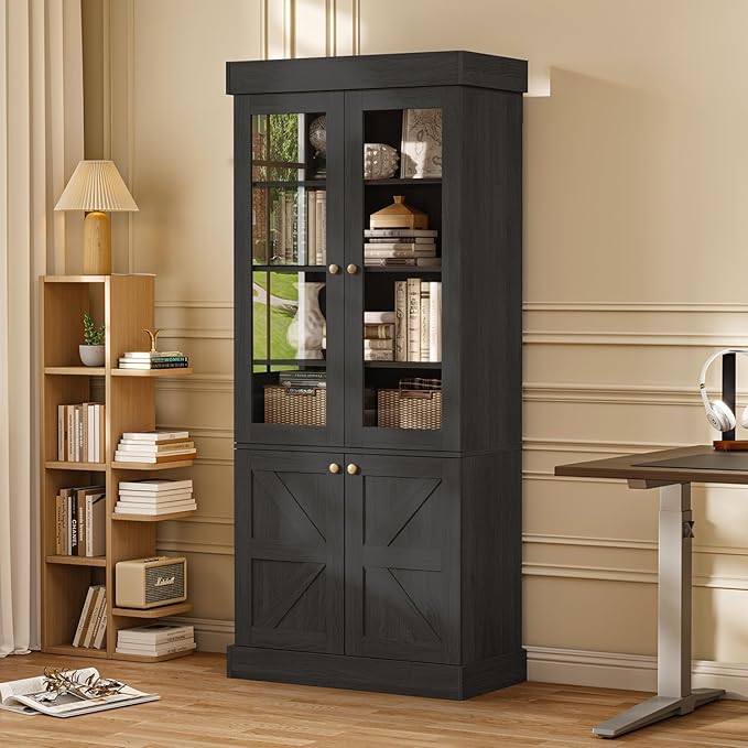 Vyre 71" Tall Farmhouse Kitchen Pantry, Set of 3 Large Storage Cabinets with Glass Doors, Adjustable Shelves, Wood Versatile Hutch Cabinet for Living Room, Dining Room, Black