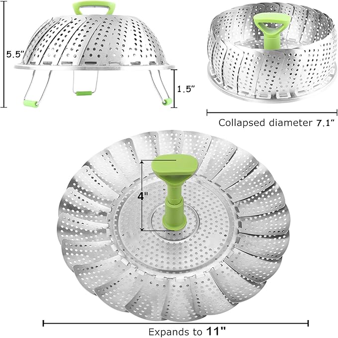 Consevisen Vegetable Steamer Basket for Cooking Food, Stainless Steel Veggie Steam Basket for Pot, Folding Expandable Steaming Insert with Extendable Handle Fits Various Size Pot, 7.1" to 11"