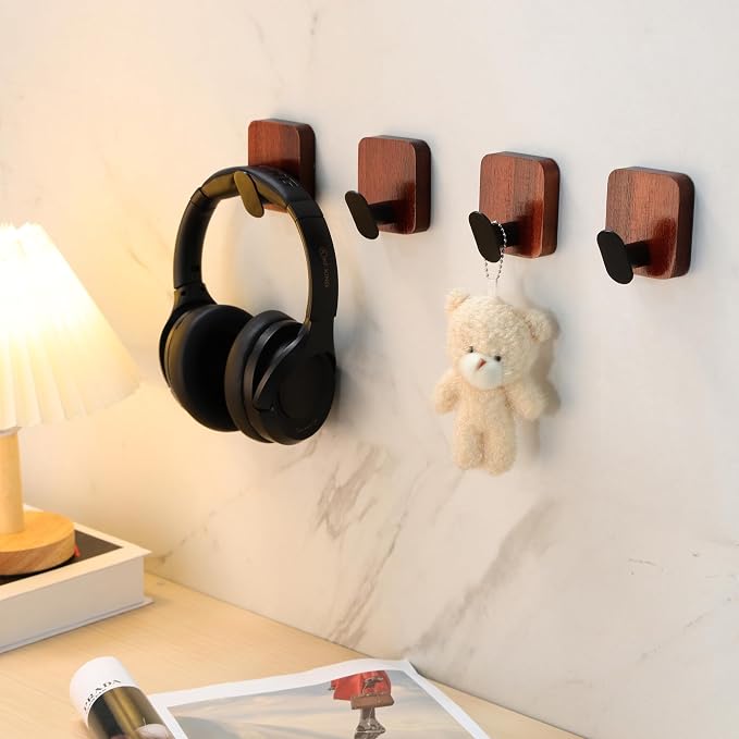 Acacia Wooden Towel Hooks Red Brown, 4 Pack Sticky Hooks - Image 3