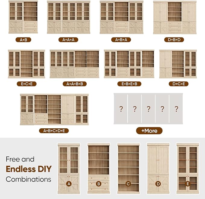 70.8" Tall Bookshelf with Doors, Farmhouse Modular Bookcase with 4-Tier Adjustable Shelves, Large Storage Cabinet for Home Office, Living Room, Brown, Set of 2