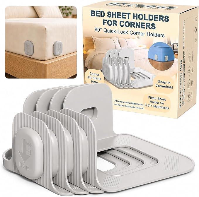 Bed Sheet Holders for Corners, 90° Quick-Lock Fitted Sheet Holder, no metal by Unknown