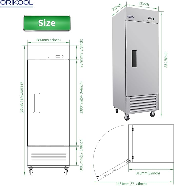 27" W Commercial Reach-In Upright Refrigerator - Single Door Stainless Steel Fridge, 23 Cu.ft Capacity, 3 Adjustable Shelves, Auto Defrost, Digital thermostat control, LED Lighting