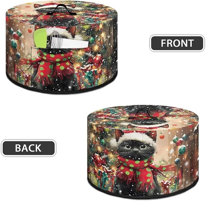 Black Cat Christmas Tree Print Slow Cooker Dust Cover with Top Handle Kitchen Gadgets Dust-Resistant Rice Cooker Cover Keep Kitchen Clean with Pocket for Accessories Christmas Decor
