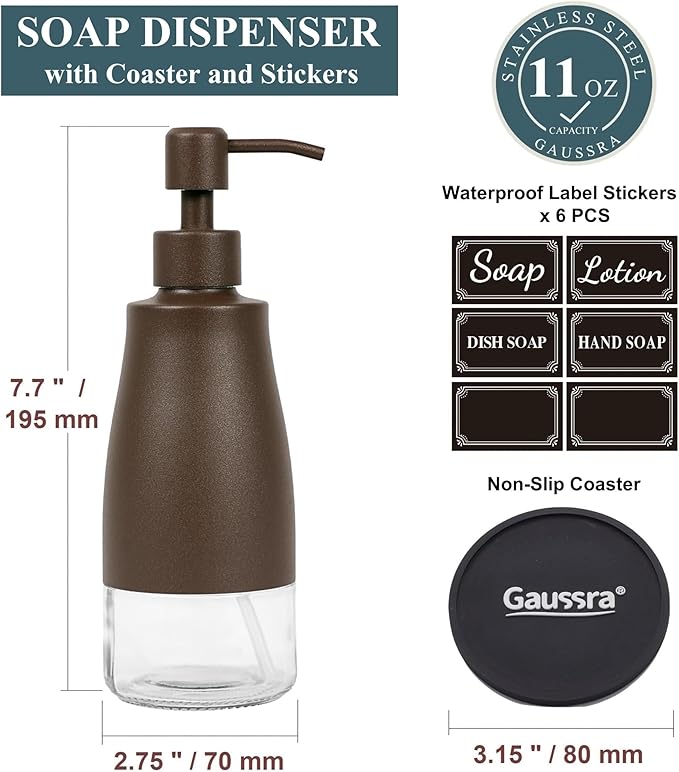 Gaussra Matte Brown Soap Dispenser - 11 OZ / 320 ML | Stainless Steel and Glass - Image 3