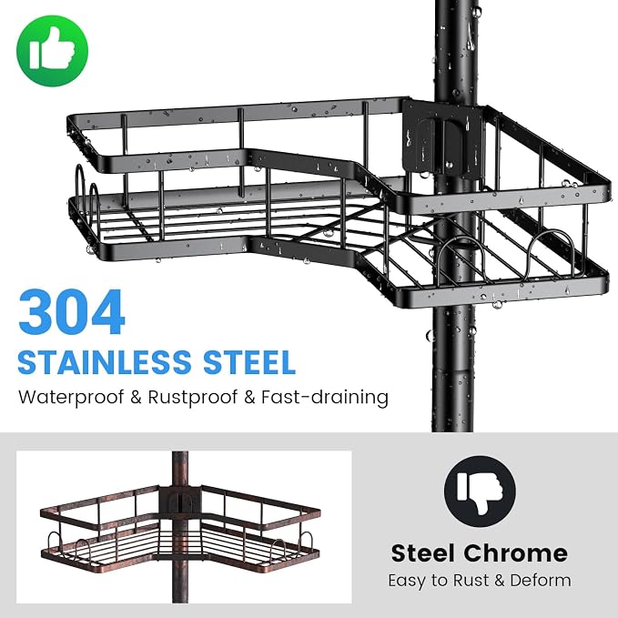 Adjustable Shower Caddy Tension Pole: Rustproof Corner Bathroom Shelves - Image 3