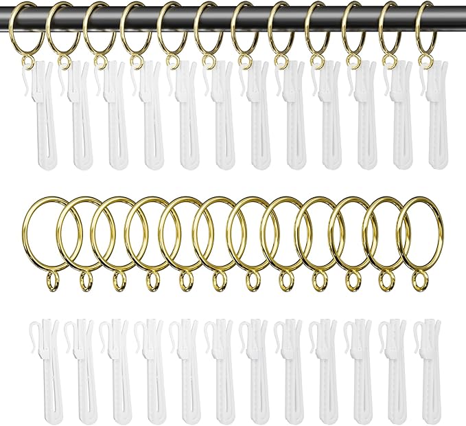 1.25 Inch Curtain Rings with Hooks, 24 Pack Gold Metal Drapery Rings with Pins by GASRONS