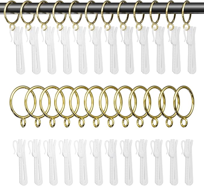 1.5 Inch Curtain Rings with Hooks, 24 Pack Gold Metal Drapery Rings with Pins by GASRONS