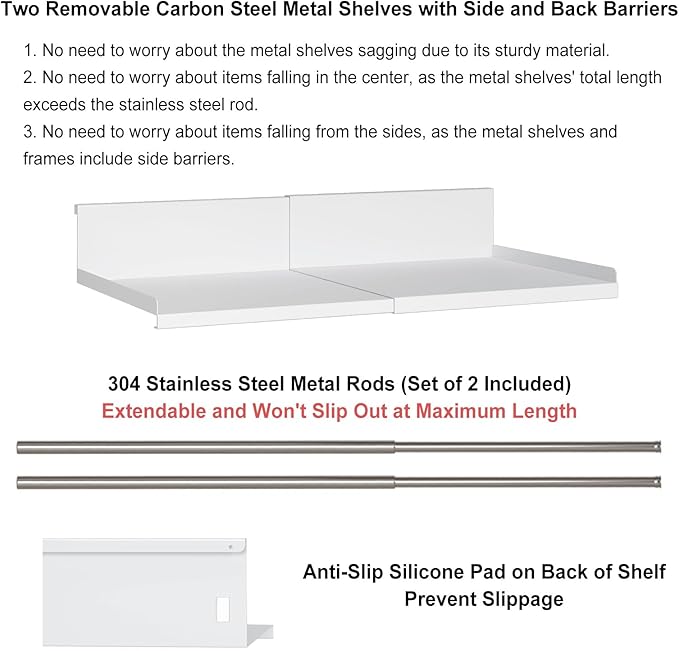 Expandable Under Cabinet Shelf Organizer with 0.94-Inch Thick Clips, Heavy Duty Extendable Under Shelf Storage Basket for Pantry or Laundry Room, White, 2 Pack, Interior: 5.7" H x 8.54" D