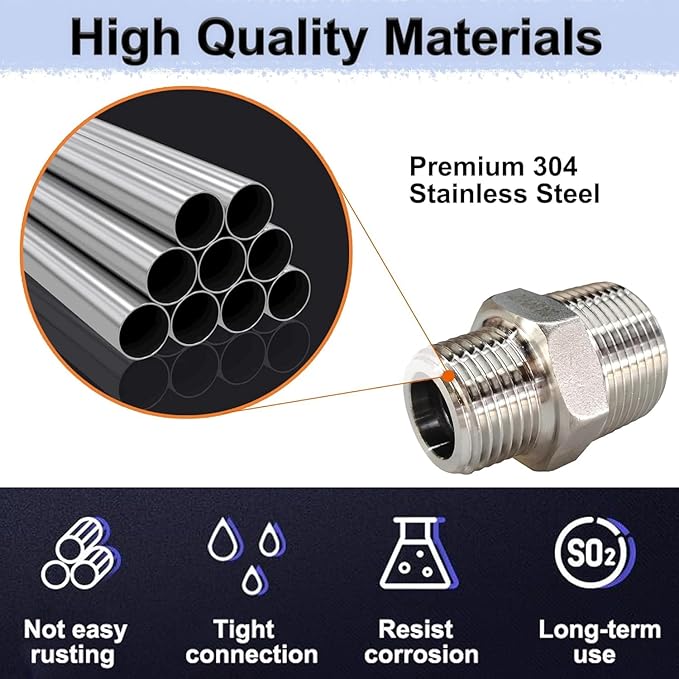 1/2" x 1/4" Reducing Hex Nipple, 304 Stainless Steel NPT Male Pipe Fitting Reducer Nipple Adapter 2000psi Reducer Connector Suit for 0.71" and 0.46" Pipe ID (1/2"x 1/4"MNPT)