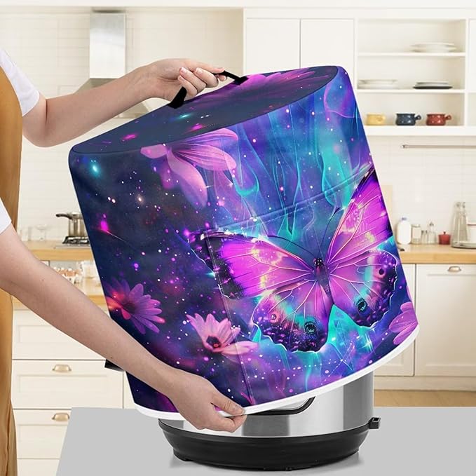 Dust-proof Kitchen Appliance Protector Cover 6 Quart Pressure Cooker/Air Fryer/Rice Cooker Cover with Top Handle and Storage Pocket Purple Flowers Print Home Kitchen Decorations