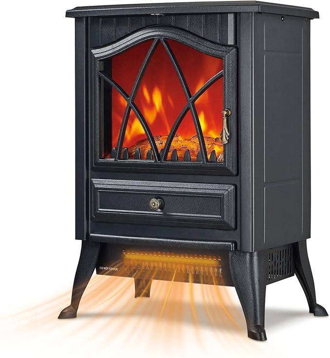 Freestanding Electric Fireplace Stove Heater, 1500W with Realistic 3D LED Flame Effect, Adjustable Brightness & Thermostat, 2 Heat Settings, Overheat Protection, for Home Indoor Use