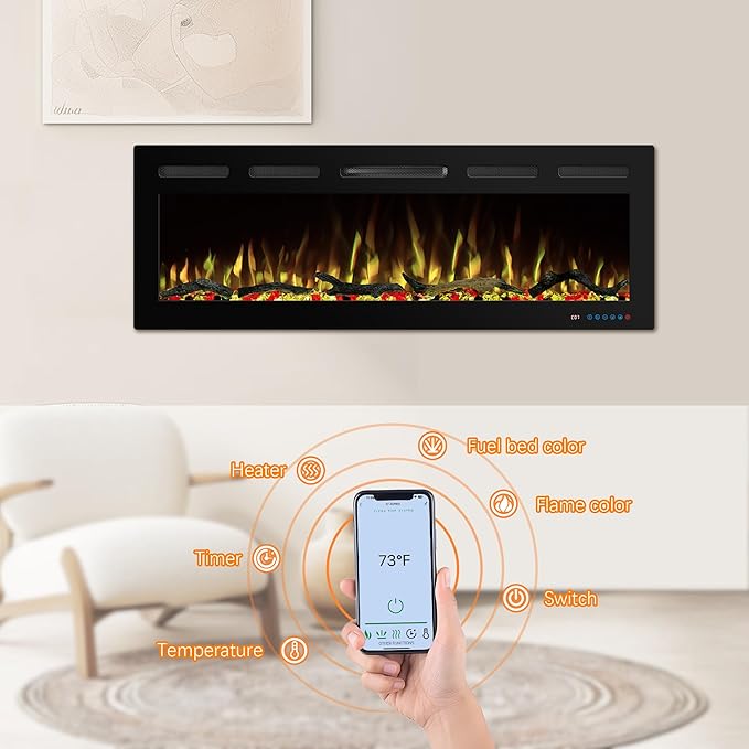 60" WiFi Electric Fireplace Inserts, Recessed and Wall Mounted Fireplace Heater W/Adjustable Flame Color & Brightness, Thermostat, 9H Timer, App and Remote Control, Low Noise, 750/1500W
