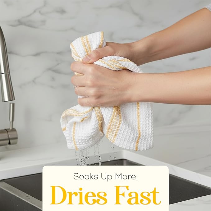 Kitchen Towels Set of 4 Dish Towels Yellow n White Waffle Weave Cotton Hand - Image 3
